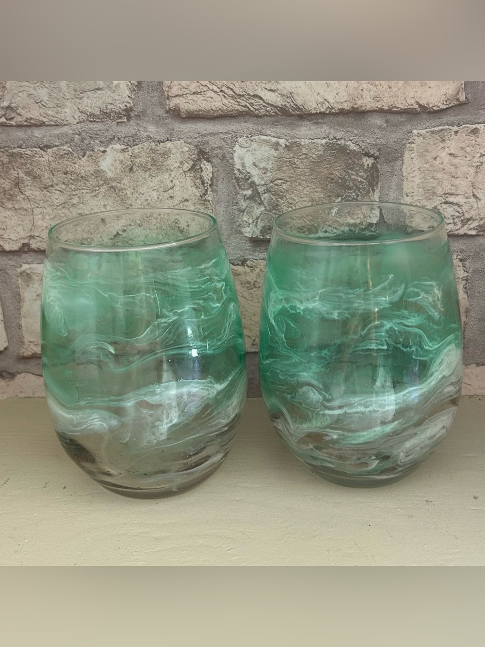 Set of 2 Green Marble Swirl Stemless Wine Glasses Tumblers Handmade Art Glass